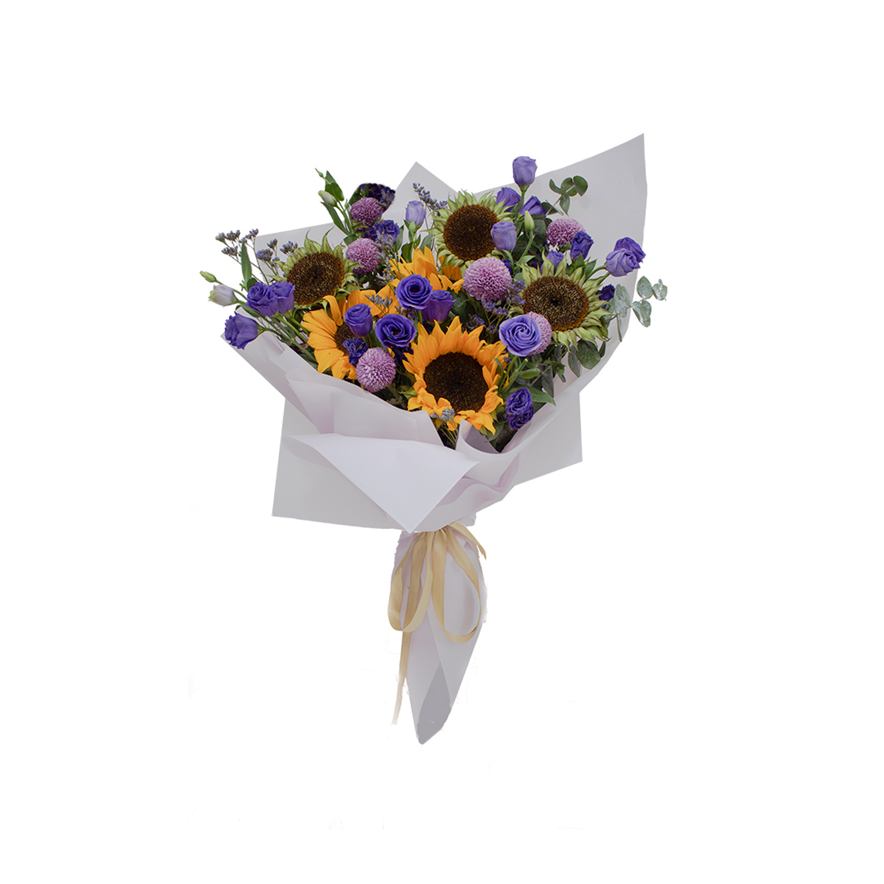 bouquet sun flowers with purple lisialthus & bambo