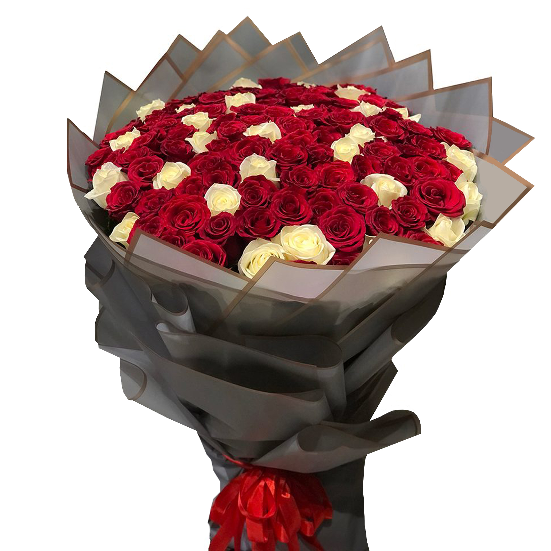 101 white & red roses with gray wrapping