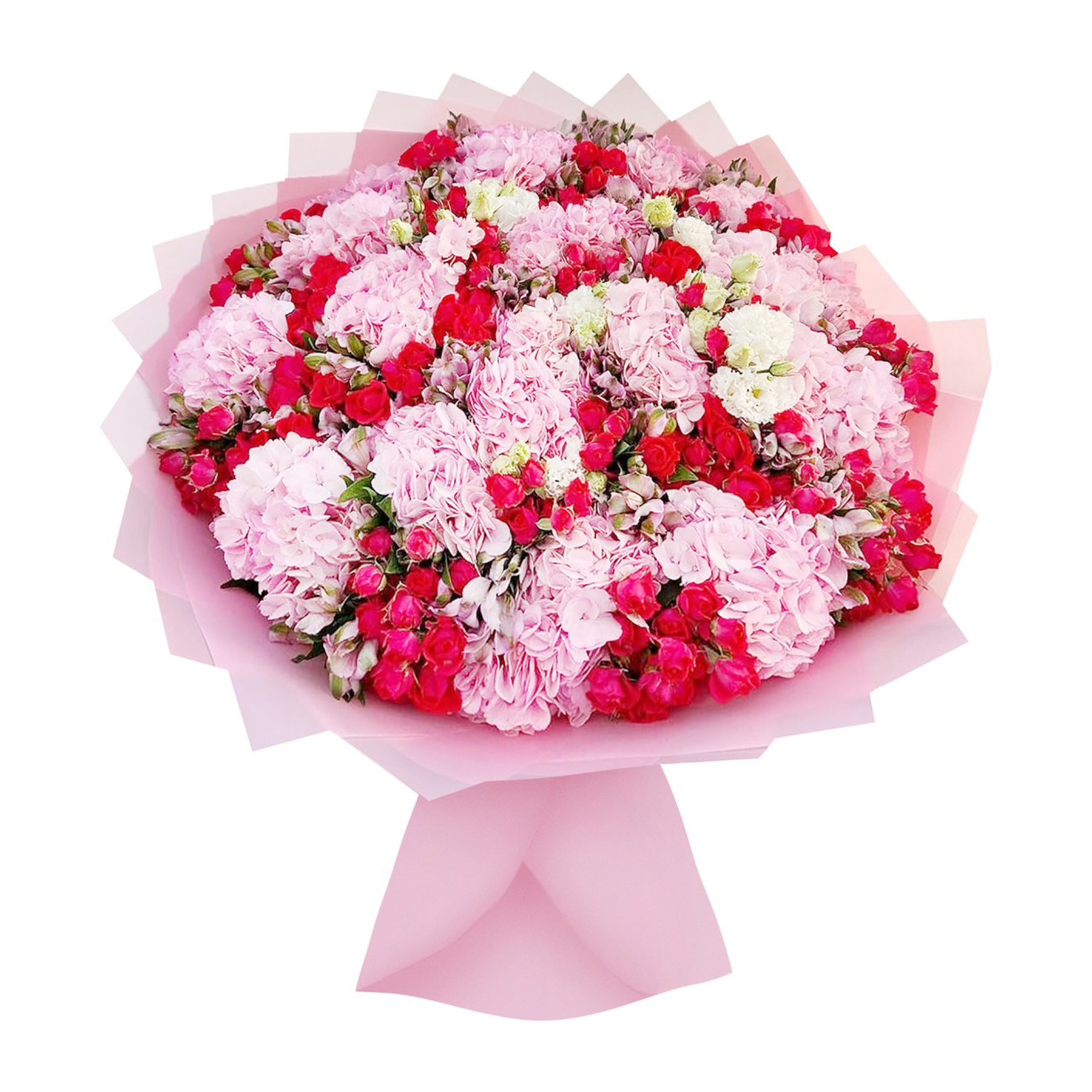 pink hydrangea 20 with purpul alusomierya 20 whit foushia baby rose